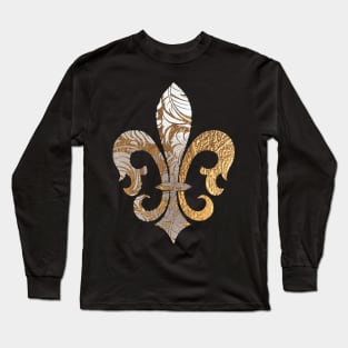 Fleur de Lis, Faux Silver+Gold Damask Long Sleeve T-Shirt